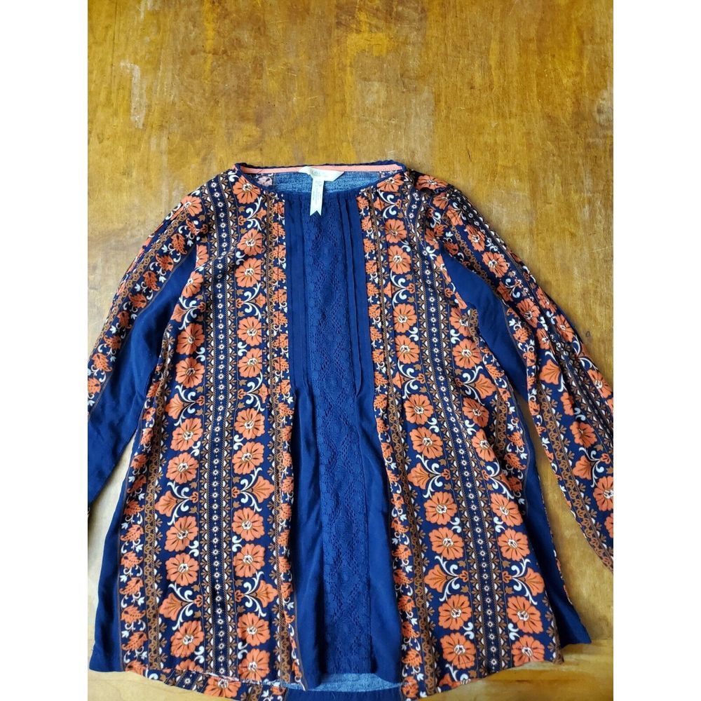 Matilda Jane Top Size S Floral Lace Pleated Long Sleeve Navy Blue Orange Fall